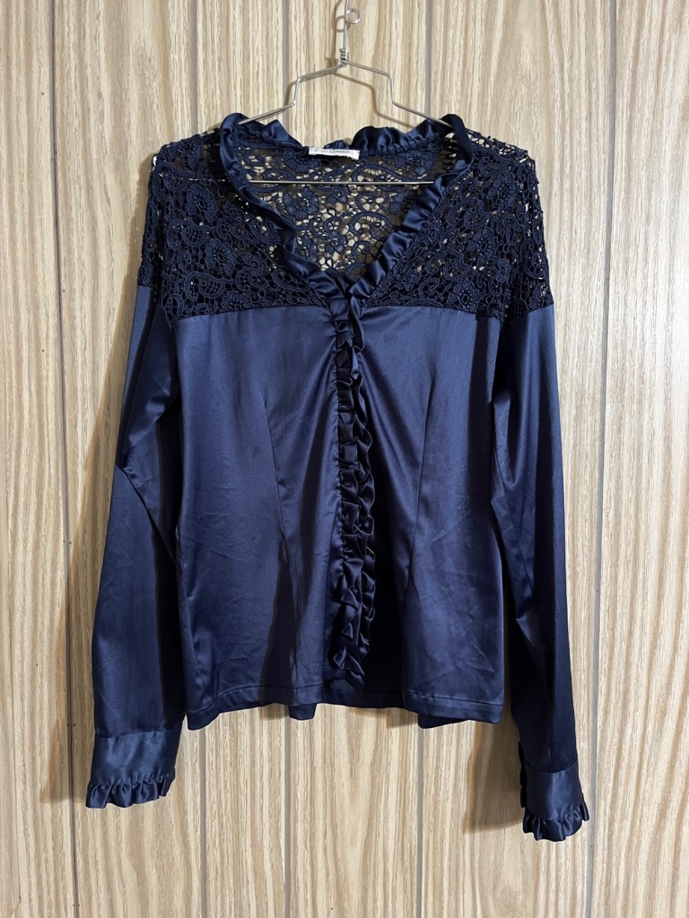 Naracamicie Navy Lace Yoke Satin Blouse with Ruffle Trim